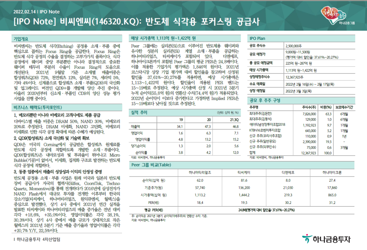 [하나금융투자] 비씨엔씨 반도체 식각용 포커스링 공급사 썸네일