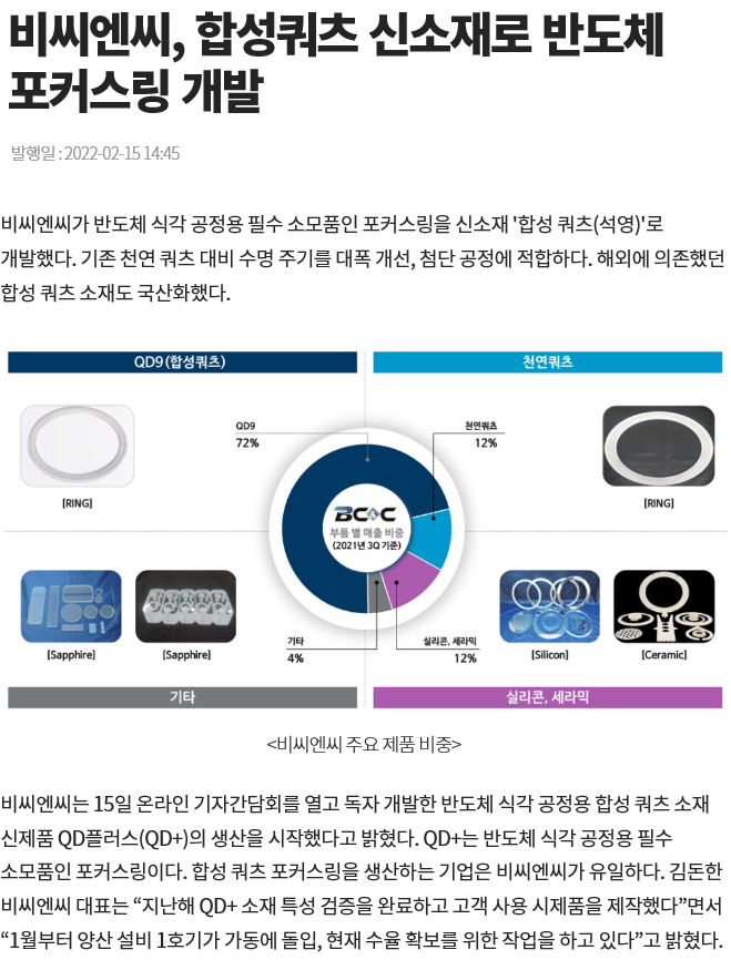 [전자신문]비씨엔씨, 합성쿼츠 신소재로 반도체 포커스링 개발 썸네일