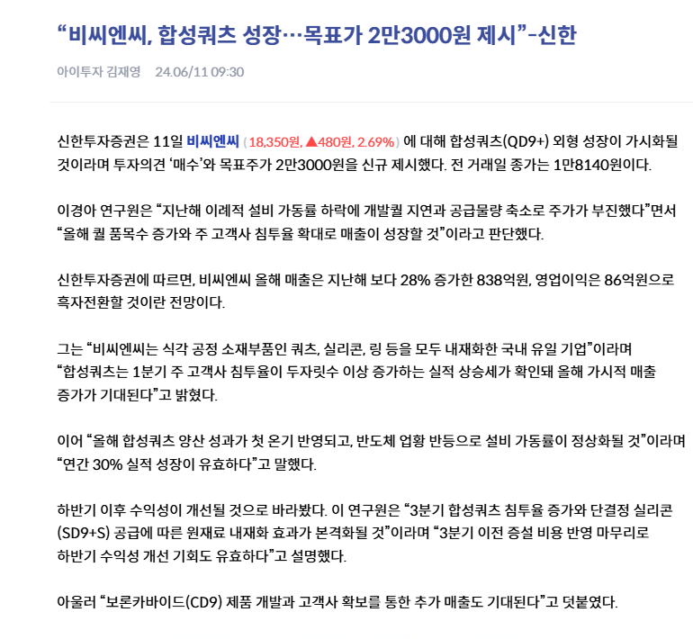 [아이투자]“비씨엔씨, 합성쿼츠 성장…목표가 2만3000원 제시”-신한 썸네일